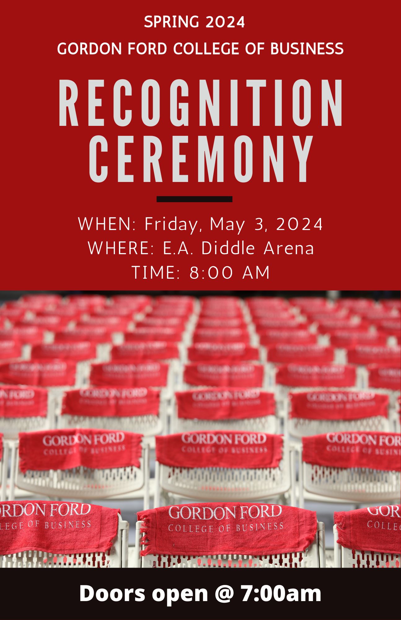 GFCB recognition ceremony is Friday May 3rd at 8:00am in Diddle Arena. Doors open at 7:00am